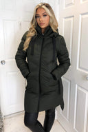 Khaki Hooded Long Line Puffer Coat