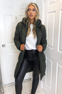 Khaki Hooded Long Line Puffer Coat