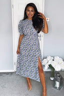 Multi Floral Pleated Sleeve Midi Dress