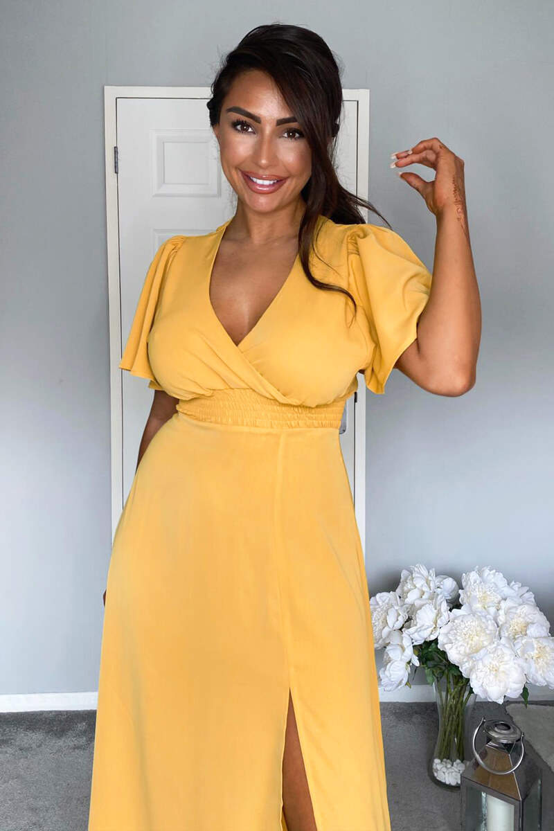 Mustard Gathered Waist Midi Dress