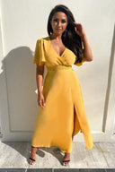 Mustard Gathered Waist Midi Dress