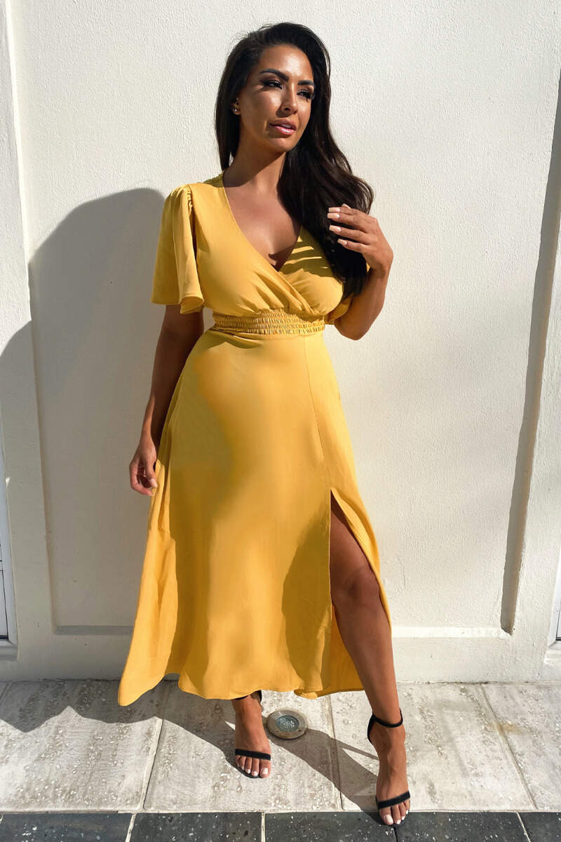 Mustard Gathered Waist Midi Dress