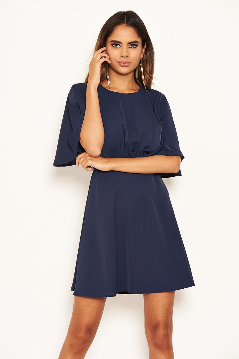 Navy Gathered Waist Skater Dress