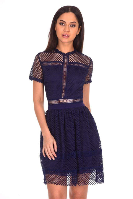 Navy Crochet Short Sleeved Dress
