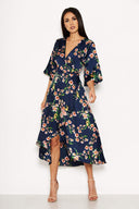 Navy Floral Print Maxi Wrap Dress