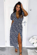 Navy Heart Print Short Sleeve Midi Dress