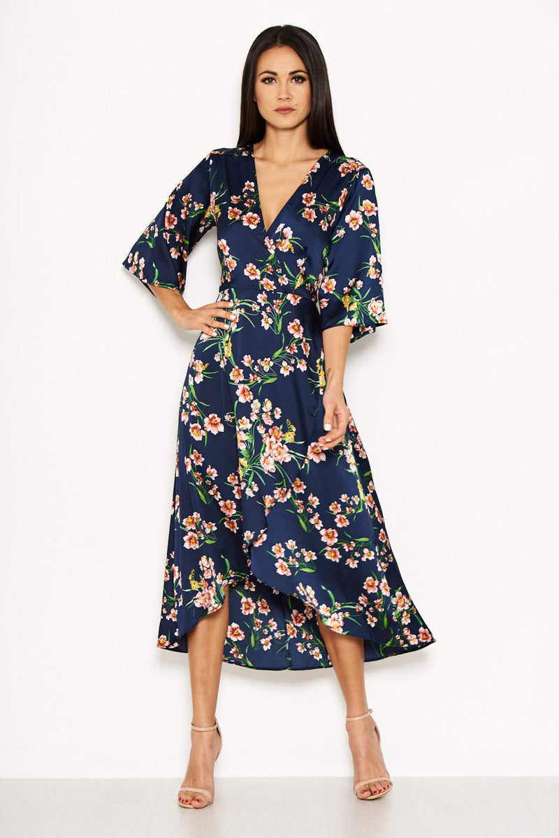 Navy Floral Print Maxi Wrap Dress