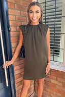 Olive Padded Shoulder Shift Dress