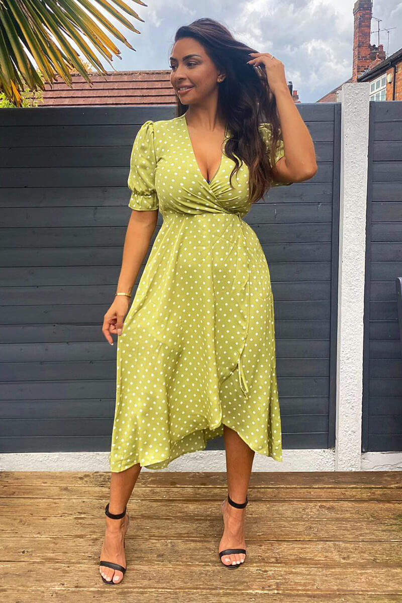 Olive Polka Dot Puff Sleeve Wrap Midi Dress