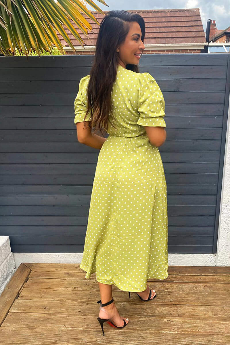 Olive Polka Dot Puff Sleeve Wrap Midi Dress