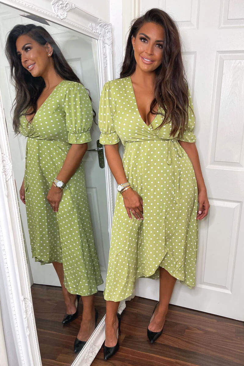 Olive Polka Dot Puff Sleeve Wrap Midi Dress