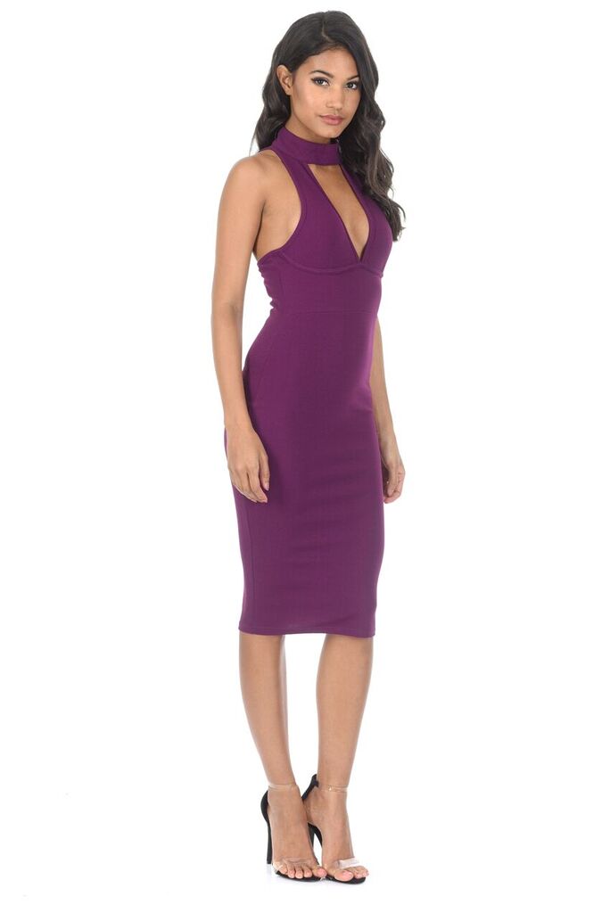 Plum Halter Cut Out Midi Dress