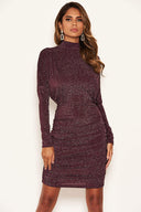 Plum High Neck Ruched Sparkle Dress