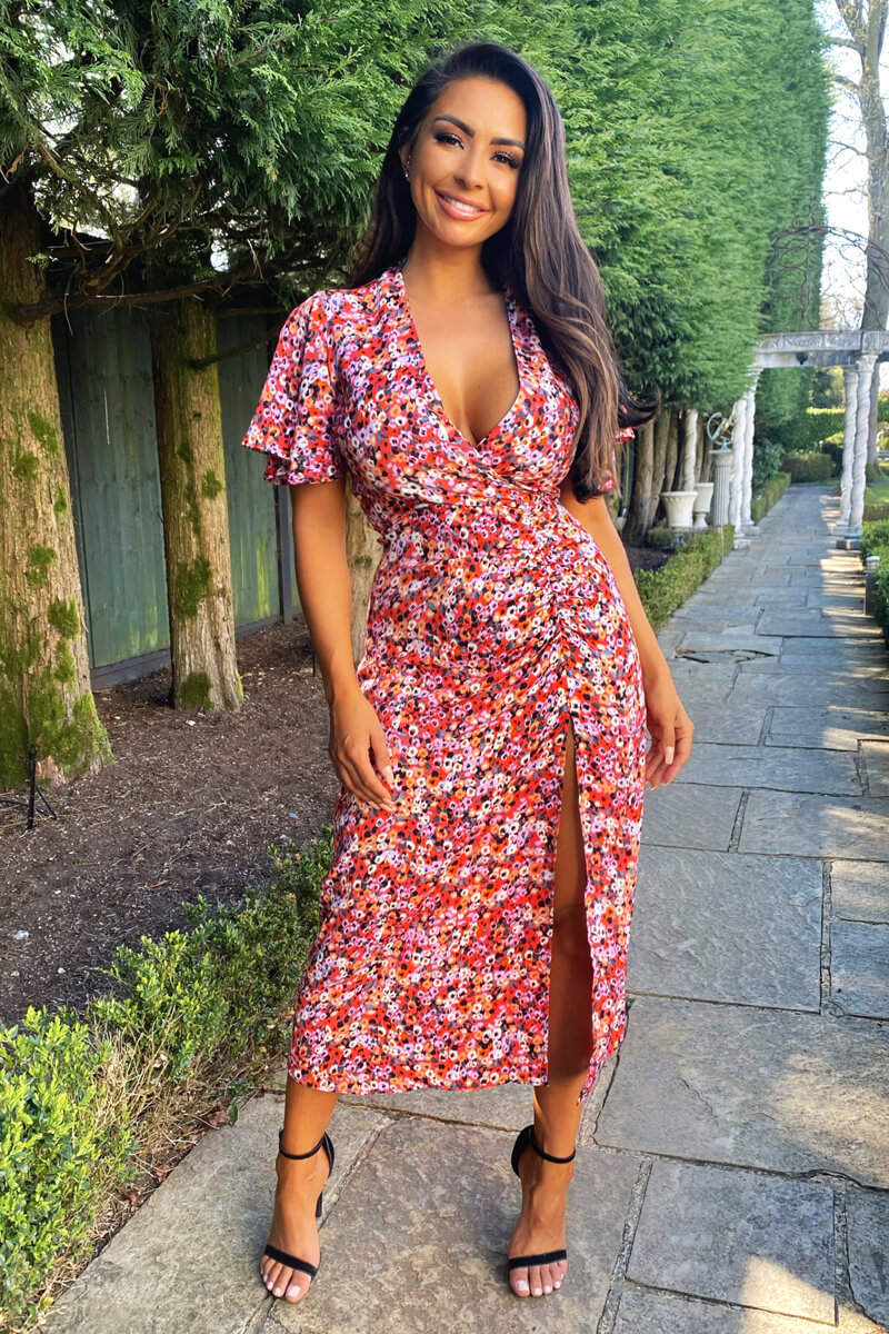 Red Ditsy Print Wrap Midi Dress