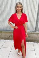 Red Gathered Waist Midi Dress