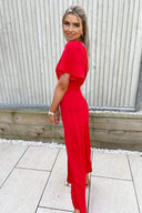 Red Gathered Waist Midi Dress