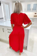 Red Gathered Waist Midi Dress