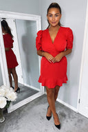 Red Pleated Sleeve Wrap Dress