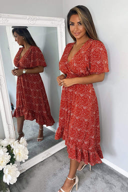 Rust Dot Printed Elasticated Waist Midi Dress