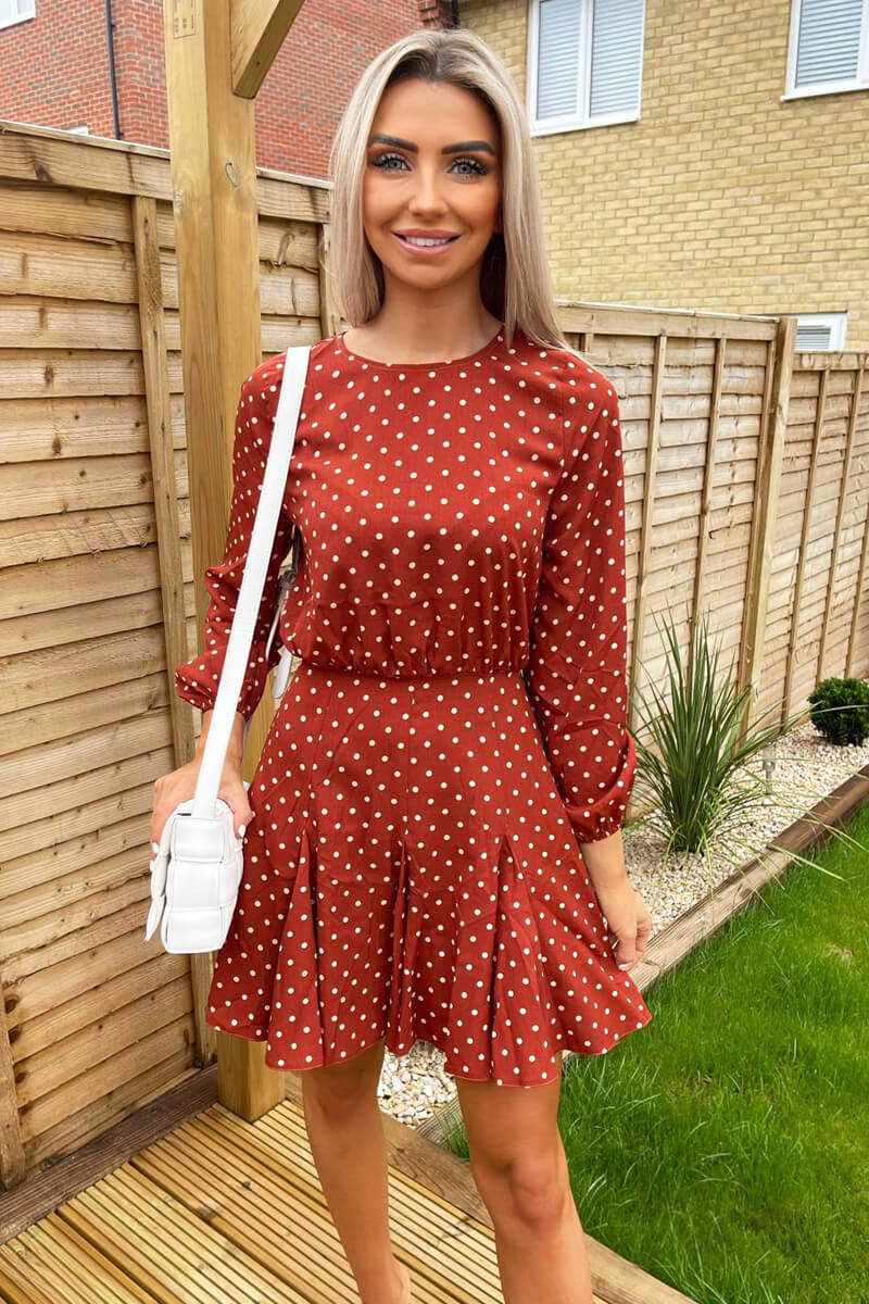 Rust Polka Dot Pleat Dress