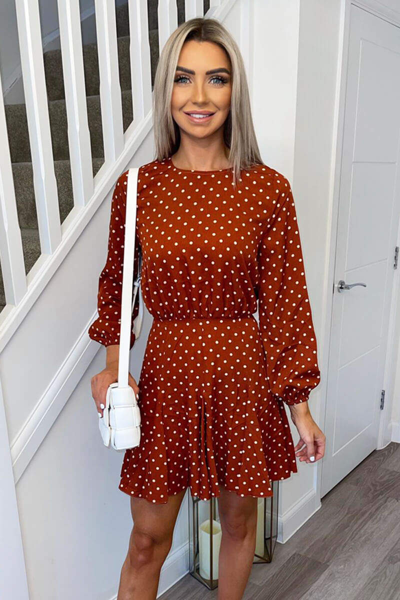 Rust Polka Dot Pleat Dress