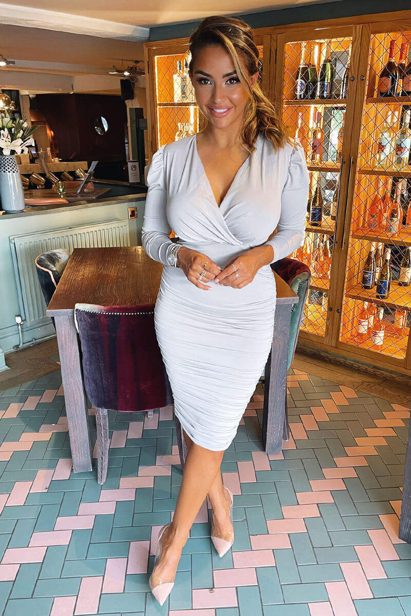 Silver Ruched Long Sleeve Cross Front Midi Dress