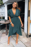 Teal Wrap Over Tie Midi Dress