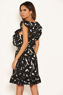 Black Printed Square Neck Frilled Dress