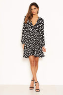 Black Printed Long Sleeved Wrap Dress