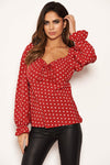 Red Polka Dot Milk Maid Neck Long Sleeve Top