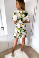 Cream Tropical Print Batwing frill dress