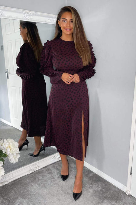 Plum Printed Long Pleated Sleeve Midi Dress