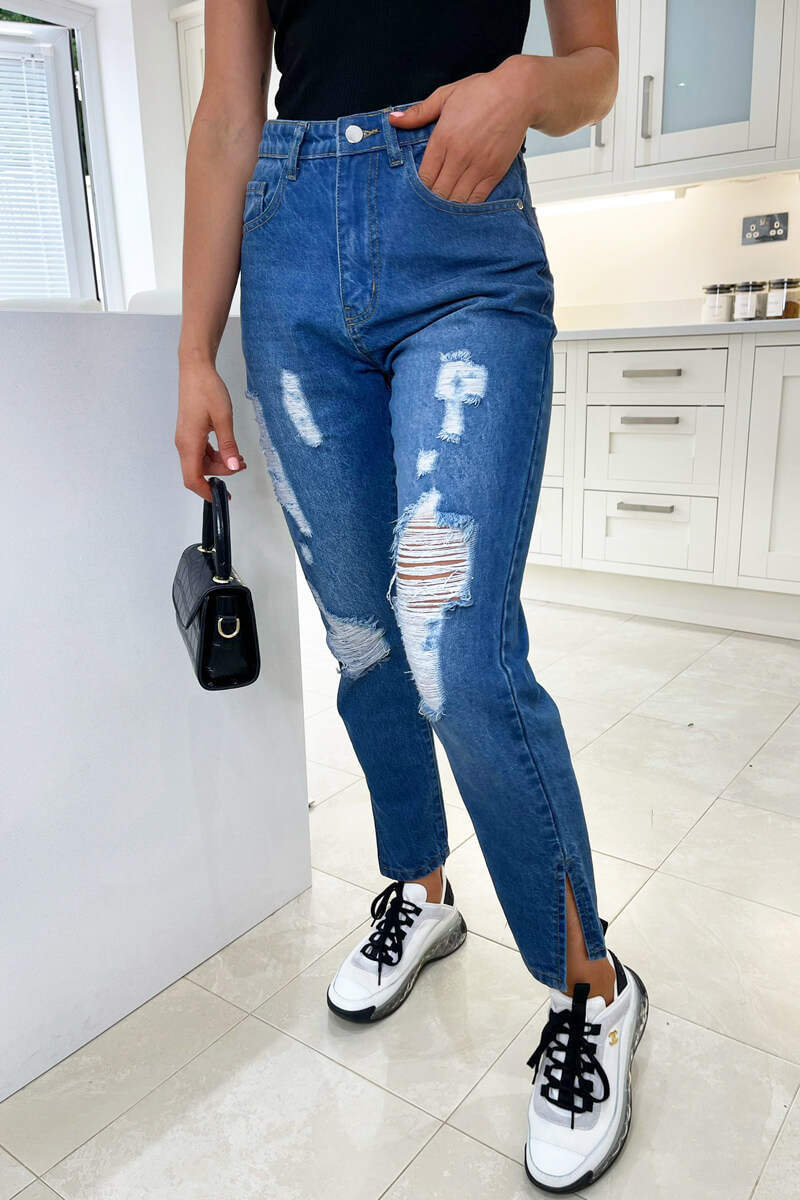 Mid Wash Ripped Split Hem Jeans
