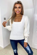 Cream Square Neck Fluffy Knitted Jumper