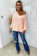 Pink V-Neck Fluffy Knitted Jumper