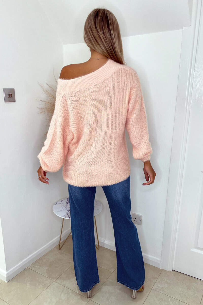 Pink V-Neck Fluffy Knitted Jumper