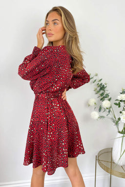 Red Printed Wrap Over Belted Skater Dress