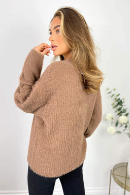 Camel V-Neck Fluffy Knitted Jumper