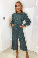 Forest Green Printed Frill Front Tie Jumpsuit