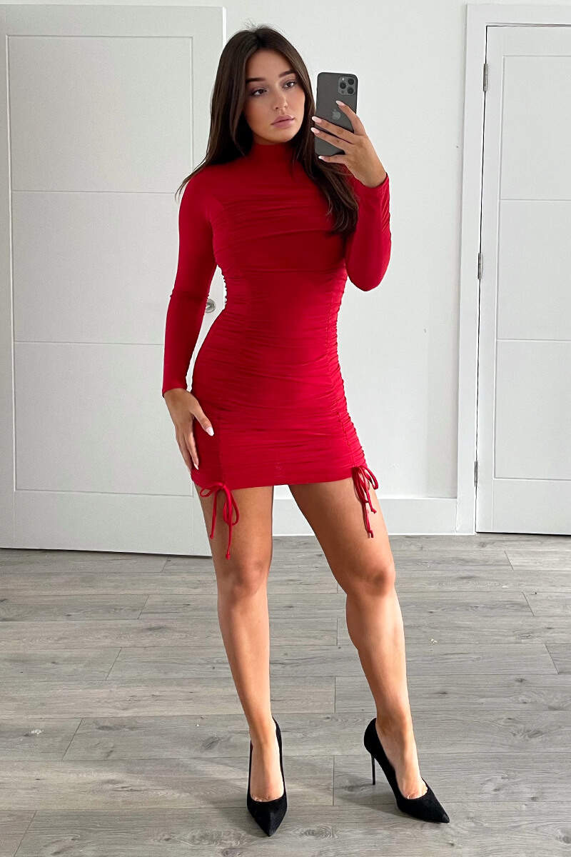 Red Double Ruched Long Sleeve Bodycon Dress