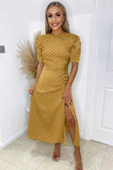 Mustard Polka Dot Ruched Short Sleeve Midi Dress