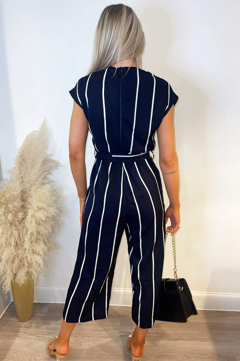 Navy And White Striped Short Sleeve Jumpsuit