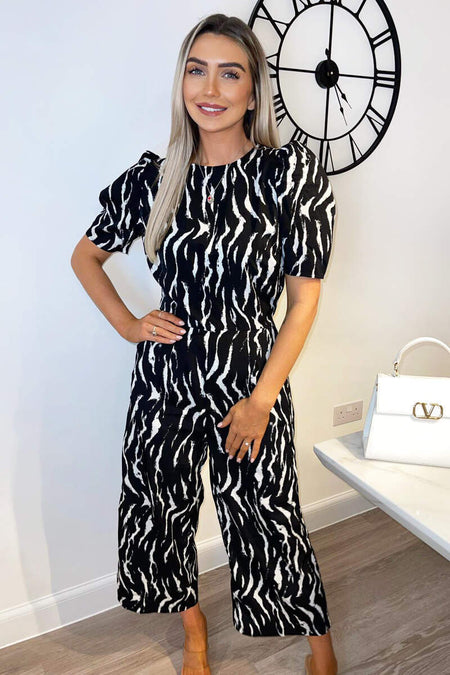 Black And White Printed Short Sleeve Jumpsuit