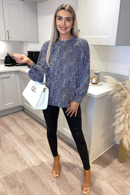 Navy And White Printed Balloon Sleeve Top