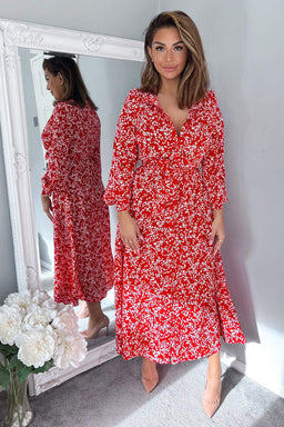 Red Floral Print Button Up Midi Shirt Dress