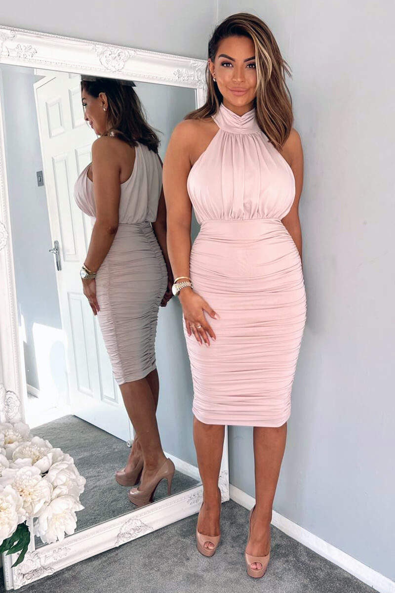 Nude Ruched High Neck Midi Dress