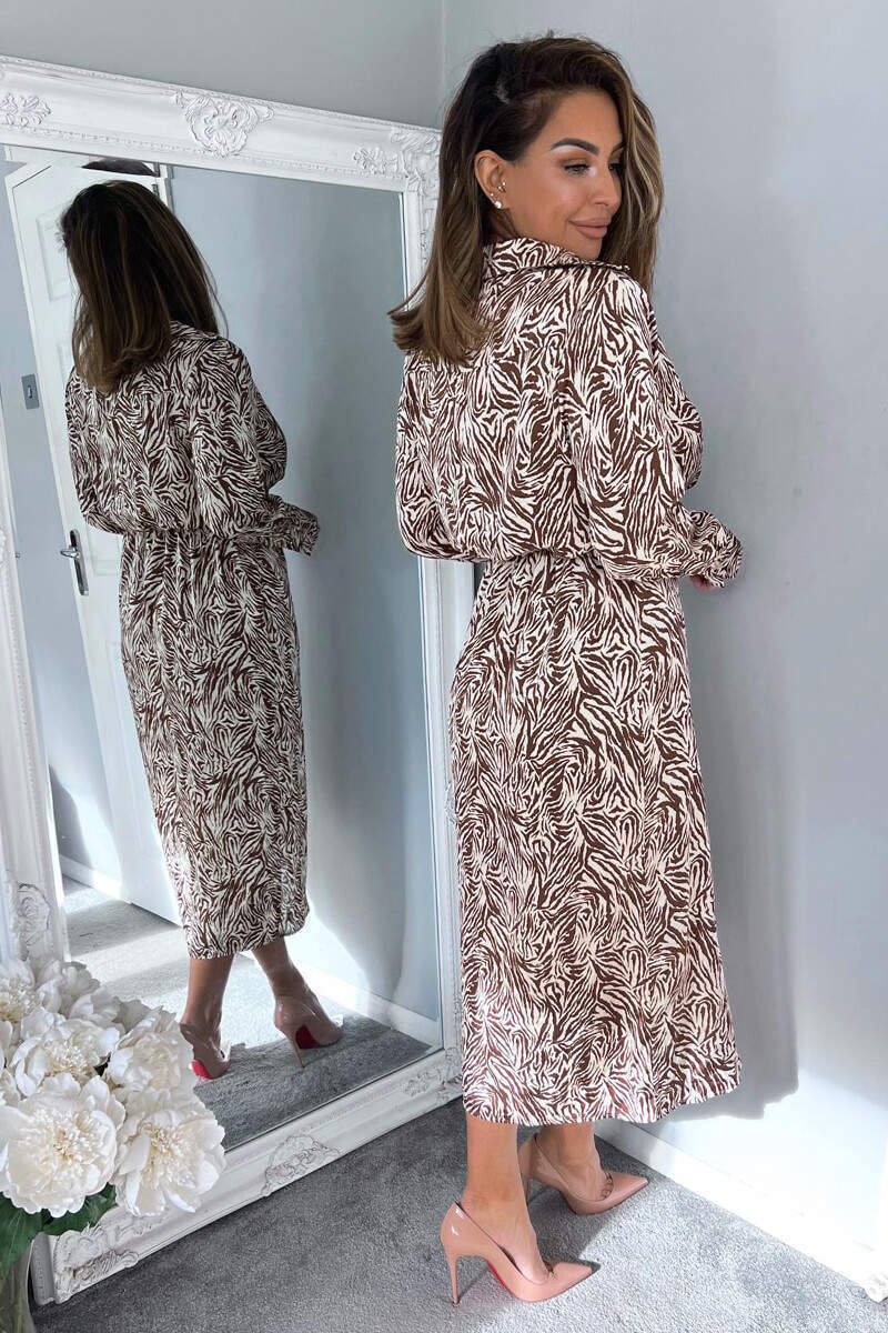 Brown Animal Print Wrap Over Midi Dress