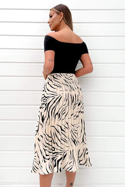 Black And Stone Animal Print 2 in 1 Pleated Midi Dress