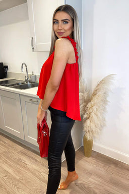 Red Elasticated Frill Strap Top