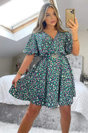 Navy And Green Printed Wrap Over Belted Skater Dress